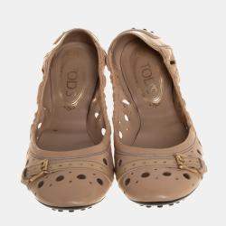 Tod's Beige Leather And Patent Circle Laser Cut Scrunch Ballet Flats Size 40