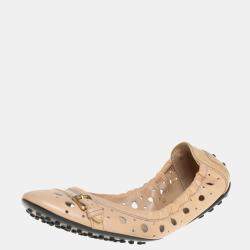 Tod's Beige Leather And Patent Circle Laser Cut Scrunch Ballet Flats Size 40