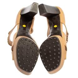 Tod's Beige Leather Criss Cross Chain Link Block Heel Sandals Size 38