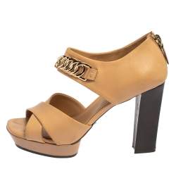 Tod's Beige Leather Criss Cross Chain Link Block Heel Sandals Size 38