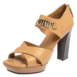 Tod's Beige Leather Criss Cross Chain Link Block Heel Sandals Size 38