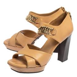 Tod's Beige Leather Criss Cross Chain Link Block Heel Sandals Size 38