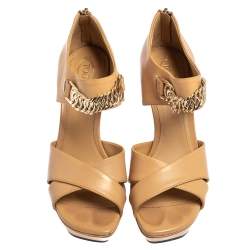 Tod's Beige Leather Criss Cross Chain Link Block Heel Sandals Size 38