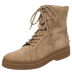 Pre Owned Tod's Beige Suede Lace Up Mid Calf Boots Size 41