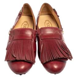 Tod's Burgundy Leather Fringed Loafers Size 37.5