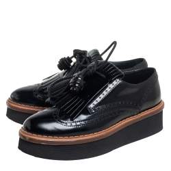 Pre Owned Tod's Black Brogue Leather Fringe And Tassel Platform Derby Size 36.5