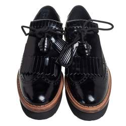 Pre Owned Tod's Black Brogue Leather Fringe And Tassel Platform Derby Size 36.5