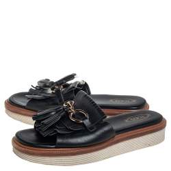 Tod's Black Leather Fringe And Tassel Detail Slide Sandals Size 38