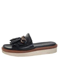 Tod's Black Leather Fringe And Tassel Detail Slide Sandals Size 38
