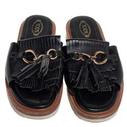 Tod's Black Leather Fringe And Tassel Detail Slide Sandals Size 38