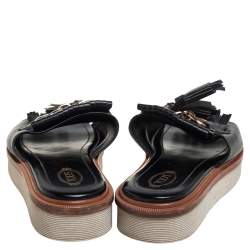 Tod's Black Leather Fringe And Tassel Detail Slide Sandals Size 38