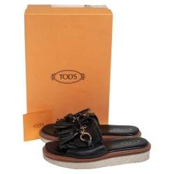 Tod's Black Leather Fringe And Tassel Detail Slide Sandals Size 38