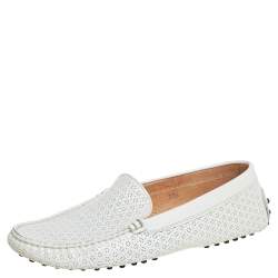 Pre Owned Tod's White Lasercut Patent Leather Gommino Driving Loafers Size 38.5