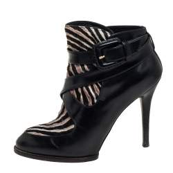 مملوكة مسبقًا Tod's Black Leather And Calf Hair Zebra Print Ankle Boots 37