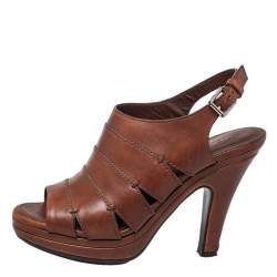 Pre Owned صندل تودز بمقدمة مفتوحة وحزام كاحل جلد بني مقاس 37.5