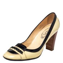 Pre Owned Tods Cream/Black Patent Leather Loafer Pumps Size 38.5