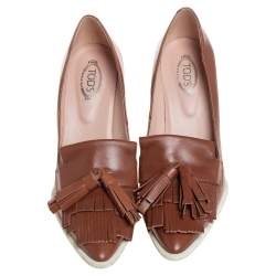 مملوكة مسبقًا Tod's Brown Leather Fringe and Tassel Platform Loafer Pumps Size 36.5