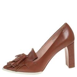 مملوكة مسبقًا Tod's Brown Leather Fringe and Tassel Platform Loafer Pumps Size 36.5