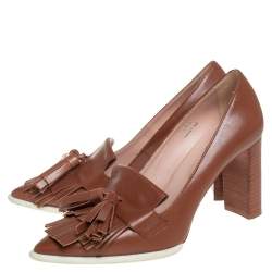 مملوكة مسبقًا Tod's Brown Leather Fringe and Tassel Platform Loafer Pumps Size 36.5