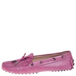 Pre Owned Tod's Metallic Pink Leather Bow Loafers Size 39