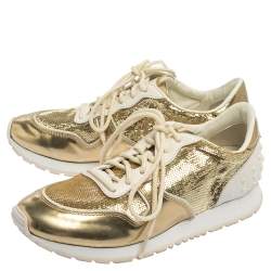 Pre Owned Tod's Gold /White Patent Leather And Sequin Low Top Sneakers Size 39