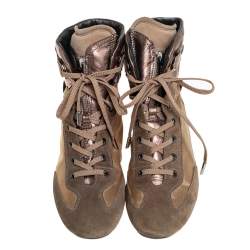 Pre Owned  Tod's Brown/Beige Suede And Fabric High Top Sneakers Size 38