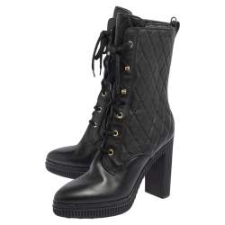 Pre Owned حذاء بوت منتصف ساق تودز جلد مبطن أسود نعل سميك كعب سميك مقاس 39.5