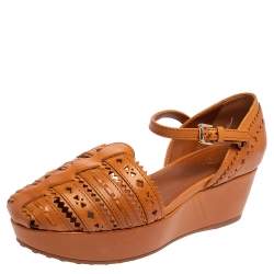 Pre Owned Tod's Brown Cutout Leather Ankle Strap Wedge Sandals Size 37.5