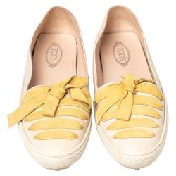 Tod's Beige/Yellow Leather And Suede Bow Espadrille Flats Size 39.5