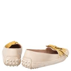 Tod's Beige/Yellow Leather And Suede Bow Espadrille Flats Size 39.5