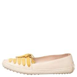 Tod's Beige/Yellow Leather And Suede Bow Espadrille Flats Size 39.5