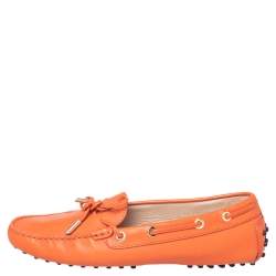 Pre Owned Tod's Orange Leather Bow Slip On Loafers Size 39