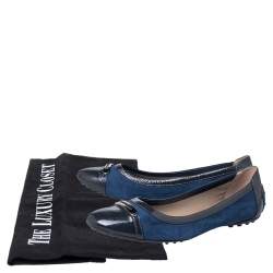Pre Owned Tod's Blue Suede And Patent Leather Embellished Cap Toe Ballet Flats Size 38
