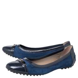 Pre Owned Tod's Blue Suede And Patent Leather Embellished Cap Toe Ballet Flats Size 38