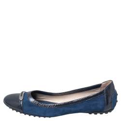 Pre Owned Tod's Blue Suede And Patent Leather Embellished Cap Toe Ballet Flats Size 38