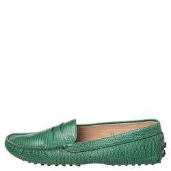 Tod's Green Lizard Embossed Leather Penny Slip On Loafers Size 39