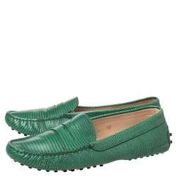Tod's Green Lizard Embossed Leather Penny Slip On Loafers Size 39