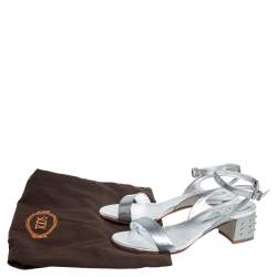 Pre Owned Tod's Metallic Silver Leather Studded Heel Ankle Strap Sandals Size 35.5