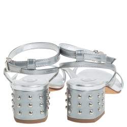 Pre Owned Tod's Metallic Silver Leather Studded Heel Ankle Strap Sandals Size 35.5