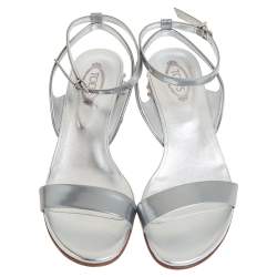 Pre Owned Tod's Metallic Silver Leather Studded Heel Ankle Strap Sandals Size 35.5
