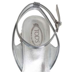 Pre Owned Tod's Metallic Silver Leather Studded Heel Ankle Strap Sandals Size 35.5