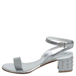 Pre Owned Tod's Metallic Silver Leather Studded Heel Ankle Strap Sandals Size 35.5