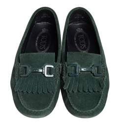 Pre Owned Tod's Green Suede Fringe Slip On Loafers Size 36.5