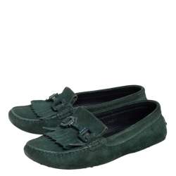 Pre Owned Tod's Green Suede Fringe Slip On Loafers Size 36.5