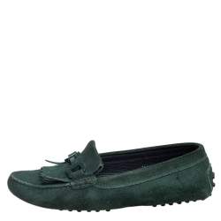 Pre Owned Tod's Green Suede Fringe Slip On Loafers Size 36.5
