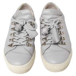 Pre Owned Tod's Grey Leather Tassel Trim Low Top Sneakers Size 38.5