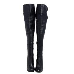 Pre Owned Tod's Black Leather Platform Over The Knee Boots Size 39.5