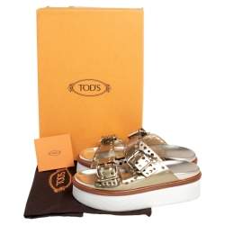 Tod's Gold Perforated Leather Open Toe Platform Slide Sandals Size 38