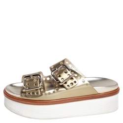 Tod's Gold Perforated Leather Open Toe Platform Slide Sandals Size 38