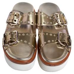 Tod's Gold Perforated Leather Open Toe Platform Slide Sandals Size 38